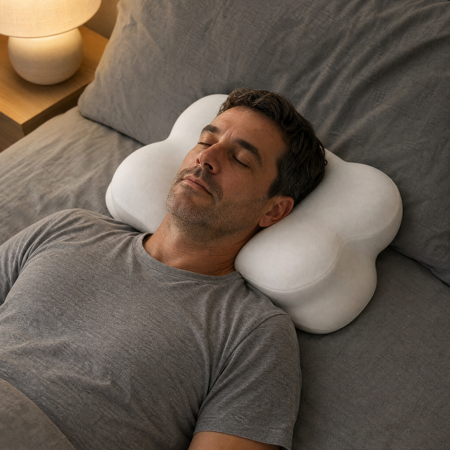 Back sleeper resting on the No Snore Cloud Pillow