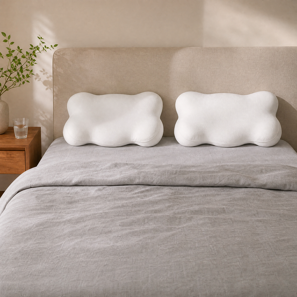 Two No Snore Cloud Pillows on a queen bed